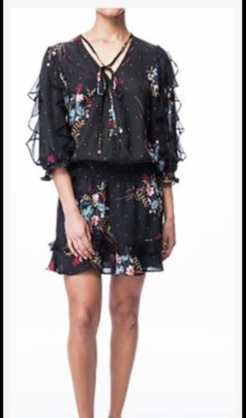 Parker Black Floral Silk Ruffle Smocked Waist Dress Size Small Cottagecore Chic